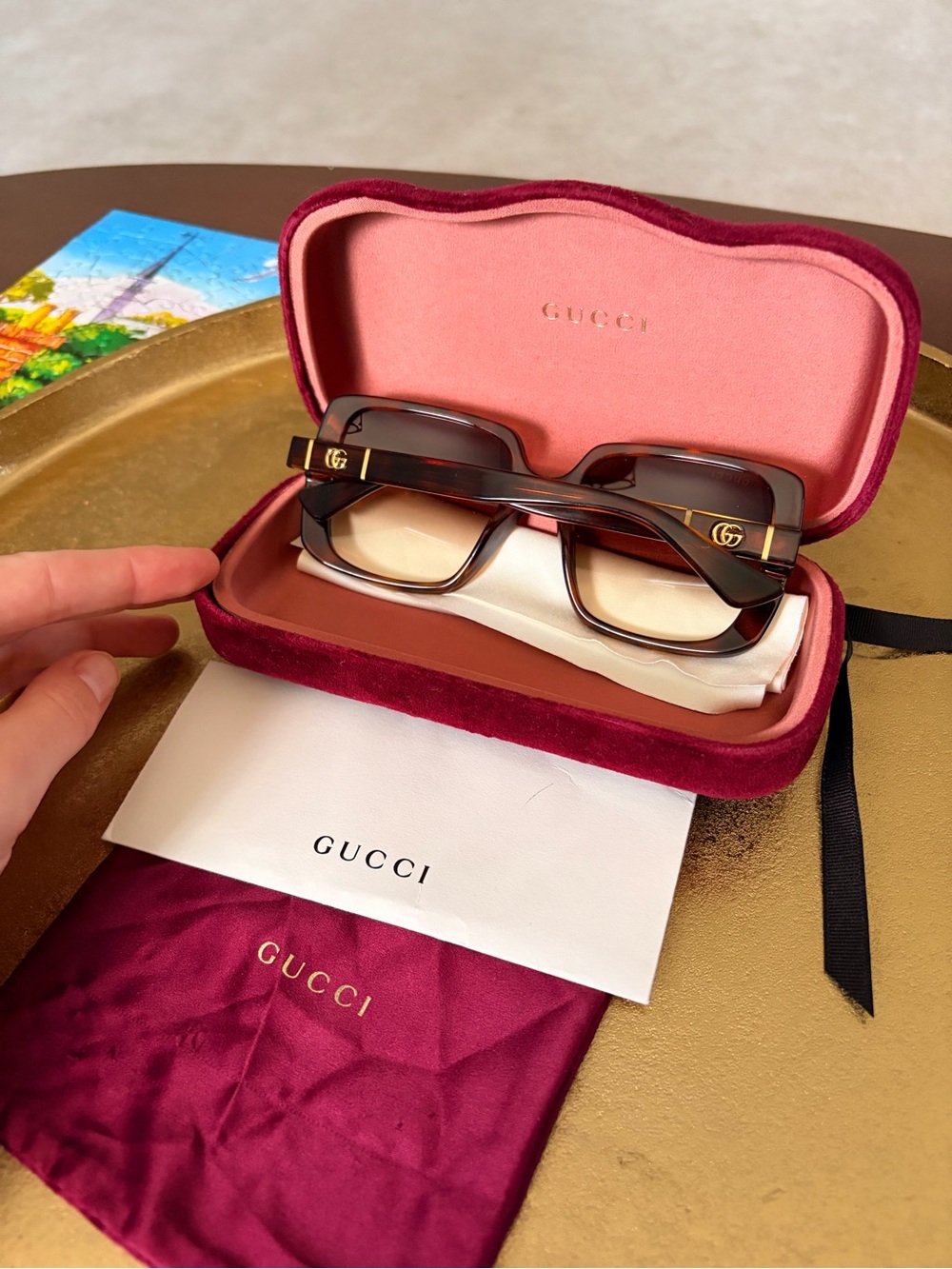 Gucci Black Square Sunglasses with Gold Logo Accents - Picture 4 of 10